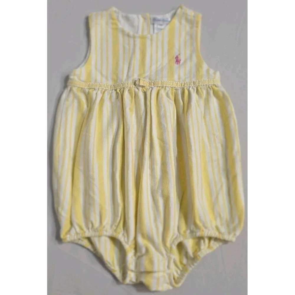 Ralph Lauren Girls Striped‎ Oxford Bubble Shortall Yellow/White Pink Logo Sz 24m